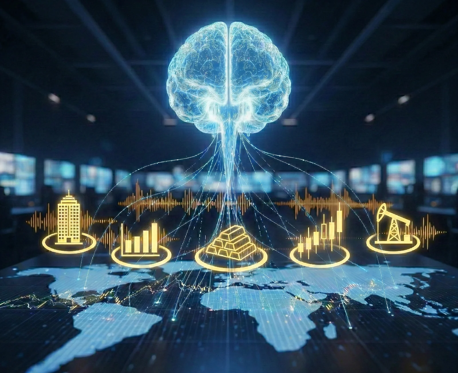 AI brain orchestrating investor sectors globally