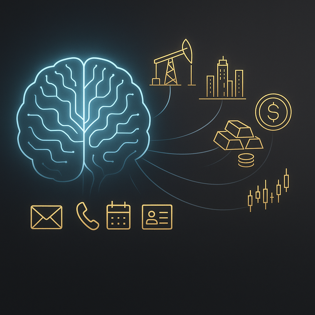 AI brain coordinating investment sectors, communications, and data pipelines