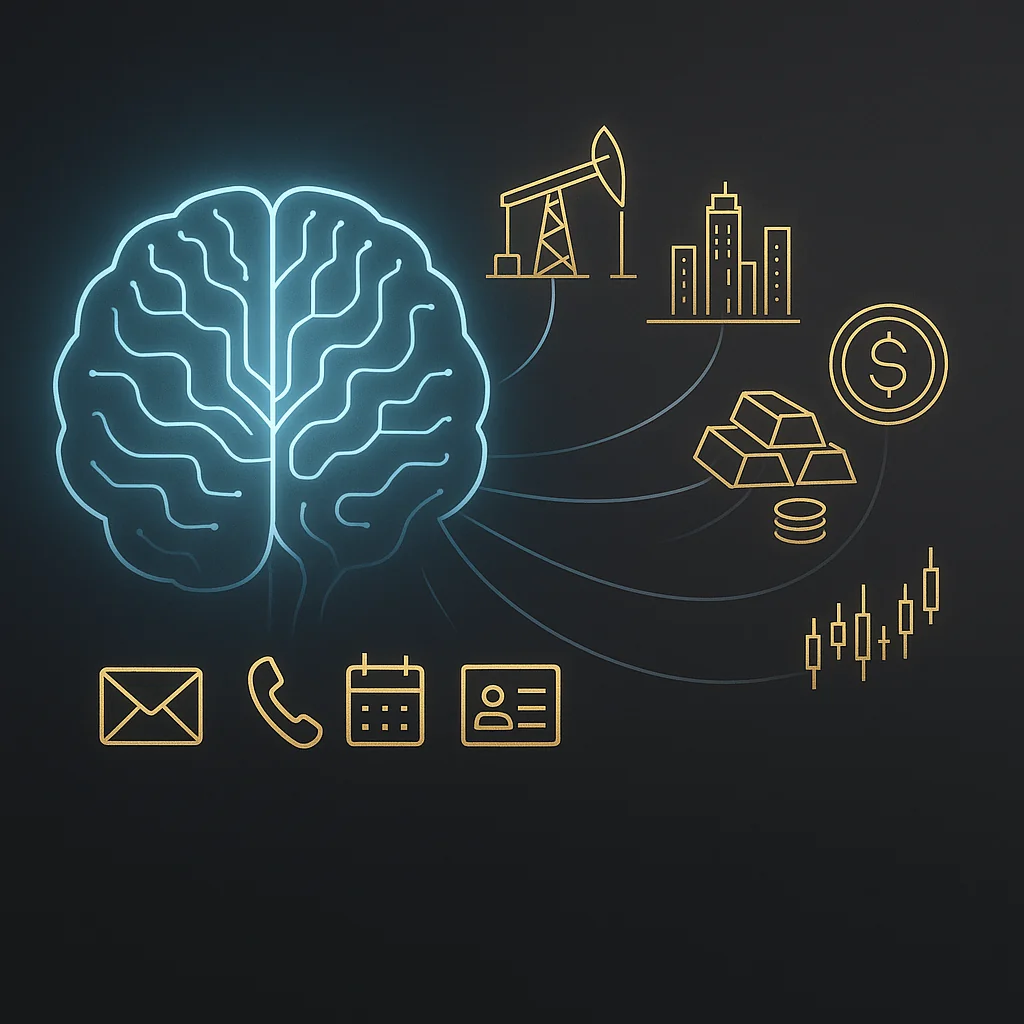 AI brain coordinating investment sectors, communications, and data pipelines