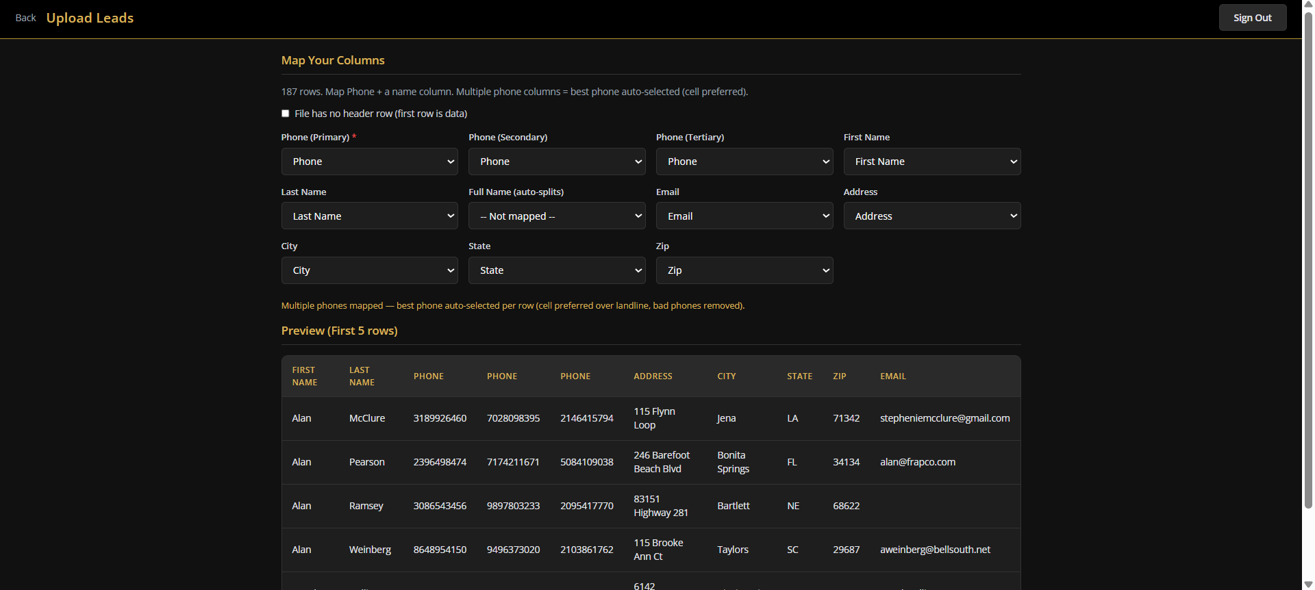 Lead upload column mapping interface