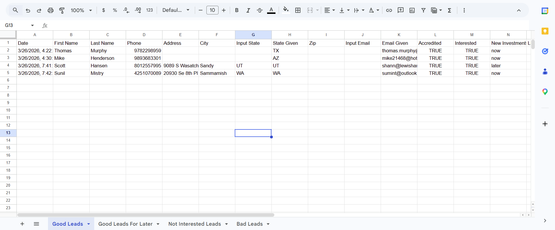 Google Sheets with classified lead results and color-coded tabs